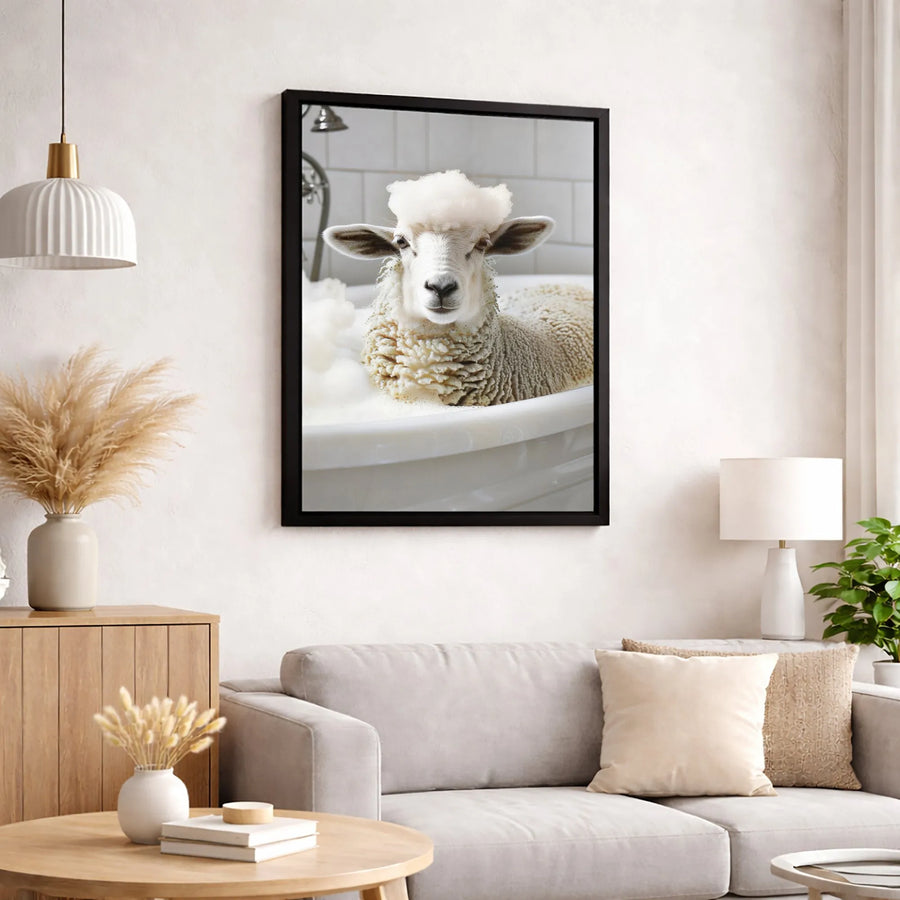 Funny Sheep Bubble Bath Canvas Print | Whimsical Farm Animal Bathroom Wall Art | Premium Gallery-Wrapped Decor | Unique Gift for Animal Lovers