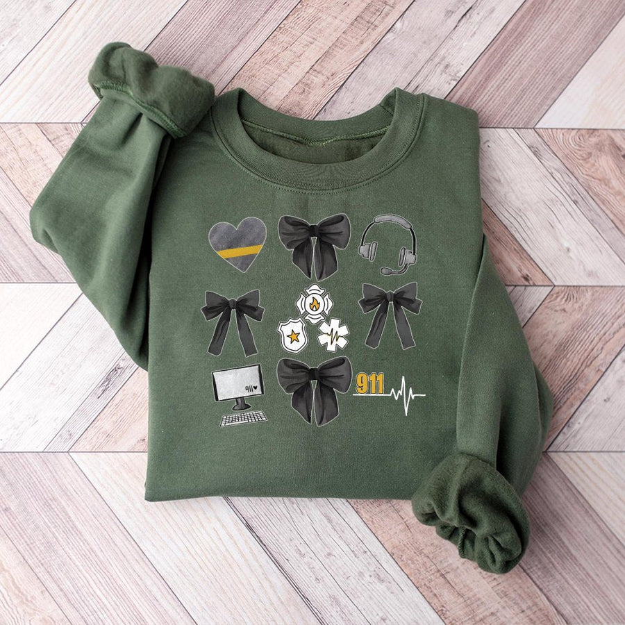 911 Dispatcher Sweatshirt | Emergency Responder Bow Design | Unisex Cotton Blend Crewneck | First Responder Appreciation Gift for Dispatchers