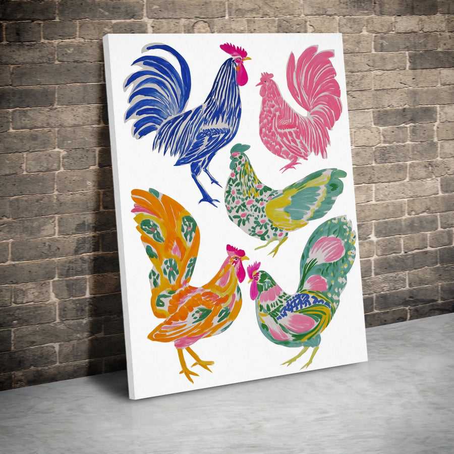 Colorful Rooster Wall Art | Modern Farmhouse Poultry Illustration | Premium Gallery Wrapped Canvas | Farm Kitchen Decor Print