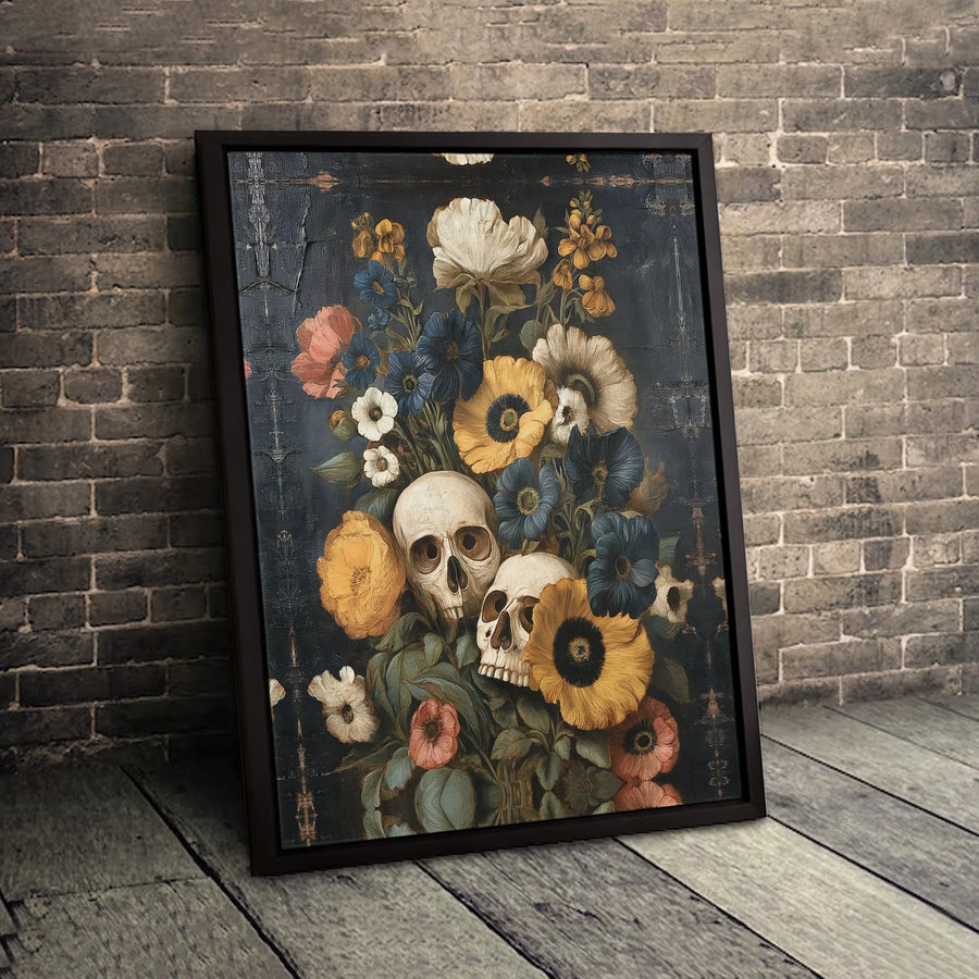 Skull Floral Bouquet Canvas Wall Art | Dark Academia Still Life Painting | Premium Gallery Wrap Print | Gothic Home Decor Gift