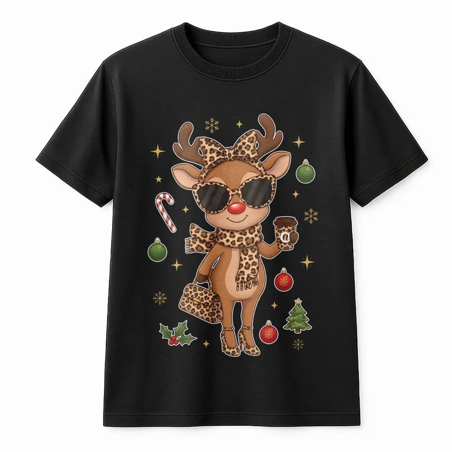 Boujee Reindeer T-Shirt | Leopard Print Christmas Graphic Tee | Premium Soft Cotton Holiday Apparel | Cute Animal Winter Gift for Women