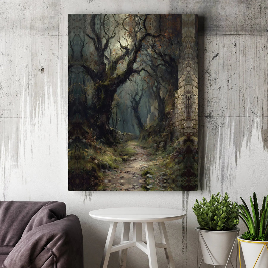 Dark Forest Canvas Wall Art | Vintage Moody Woodland Path Painting | Premium Canvas Print | Dark Academia Gothic Home Decor