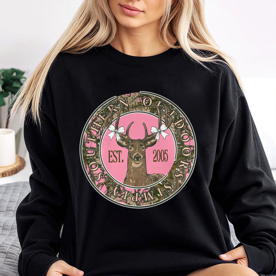 Deer Hunting Sweatshirt | Pink Camo Bow Graphic | Cotton Polyester Blend | Country Style Gift for Women and Outdoors Enthusiasts
