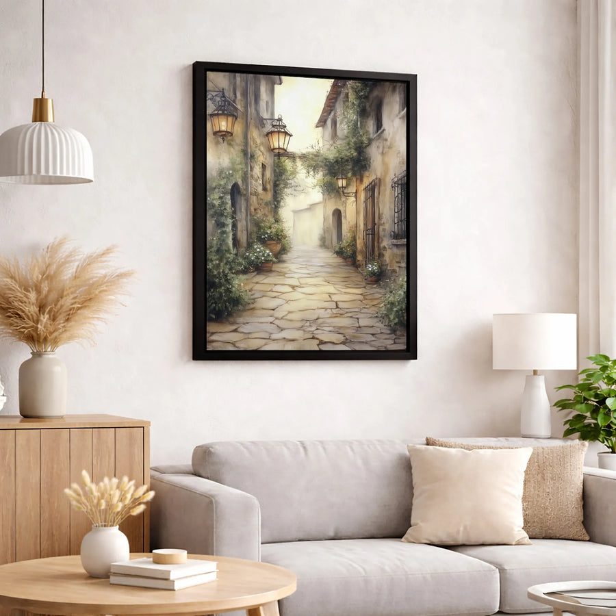 Italian Street Canvas Art | Tuscan Cobblestone Lane with Lanterns | Premium 1.25-Inch Gallery Wrap | Romantic Home Decor Gift for Travel Lovers