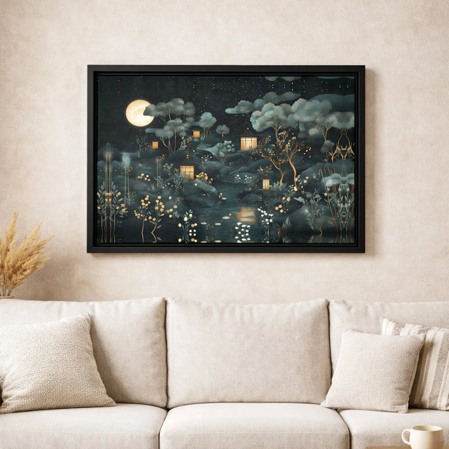 Japanese Garden Canvas Art | Mystical Night Moonlit Pagoda Landscape | Gallery-Wrapped Premium Wall Decor | Zen Home Office Wall Art Gift