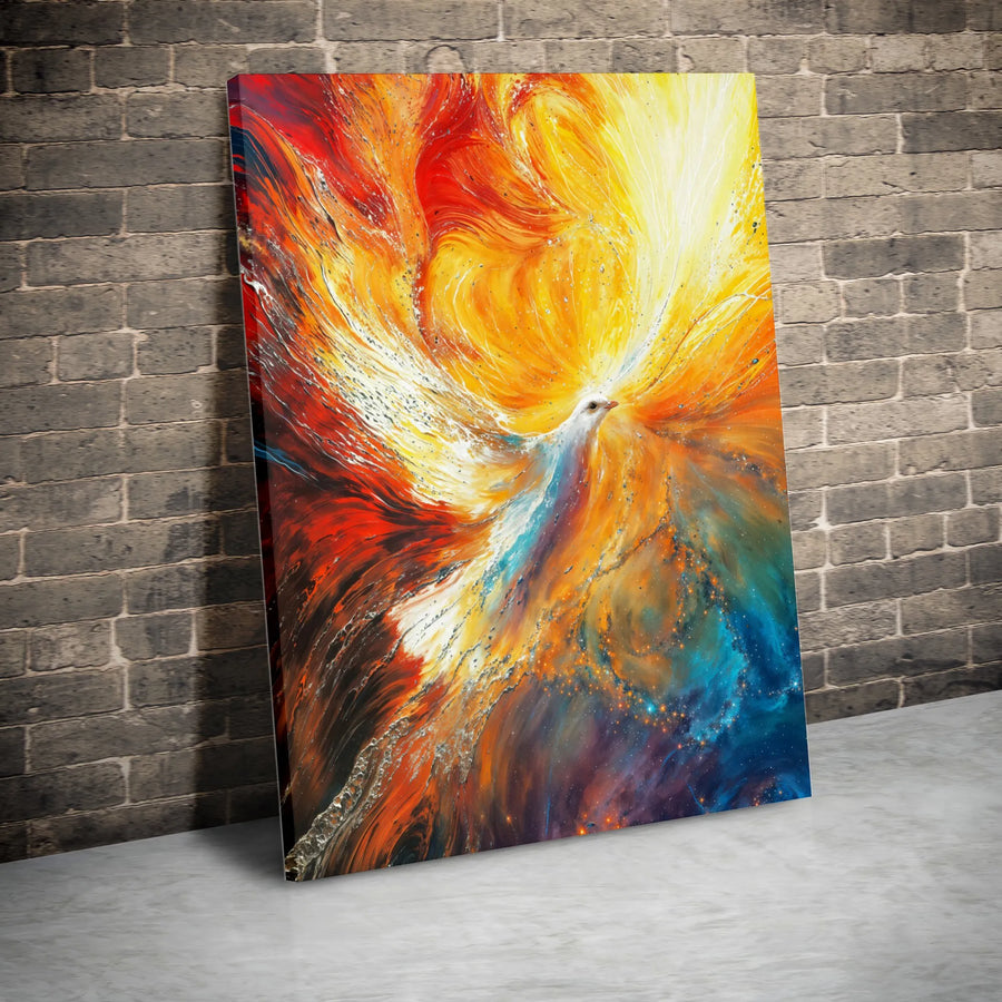 White Dove Canvas Wall Art | Fiery Cosmic Phoenix Abstract Print | Premium Gallery-Wrapped Gallery Quality Decor | Spiritual Home Office Gift