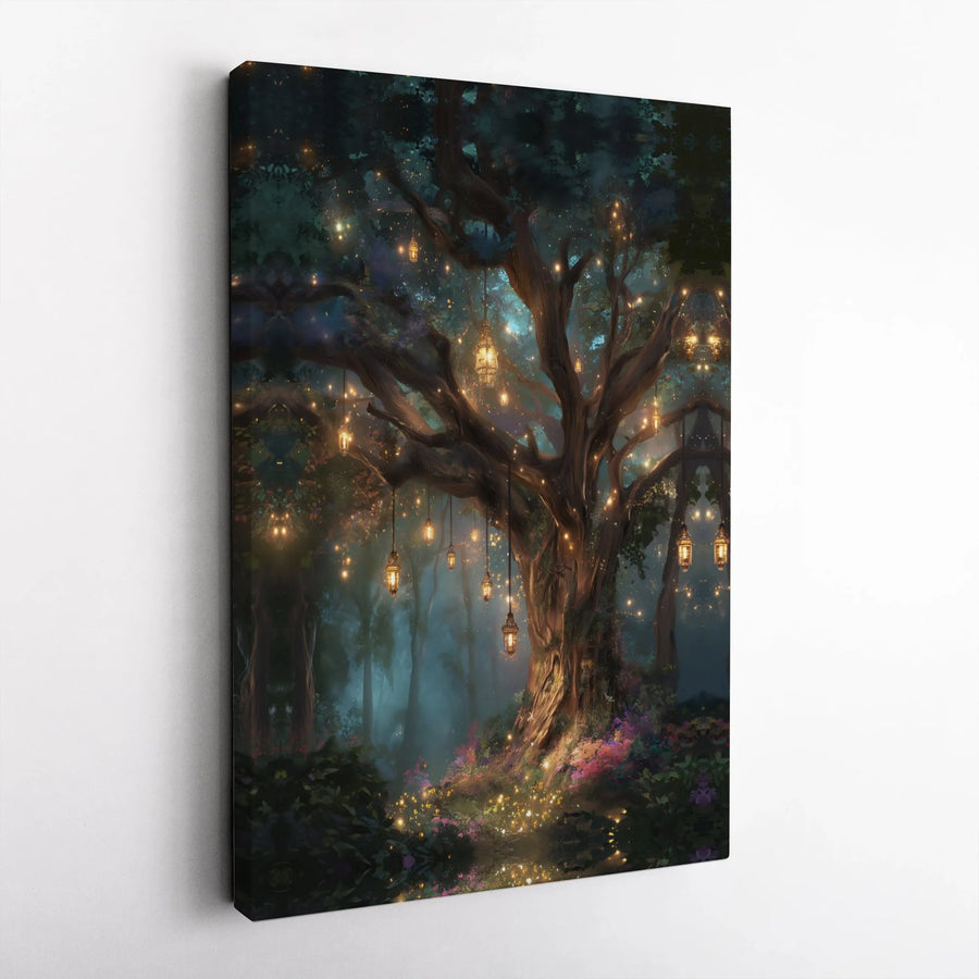 Enchanted Forest Canvas | Magic Tree with Glowing Lanterns | Premium Canvas Print | Fantasy Wall Decor Gift