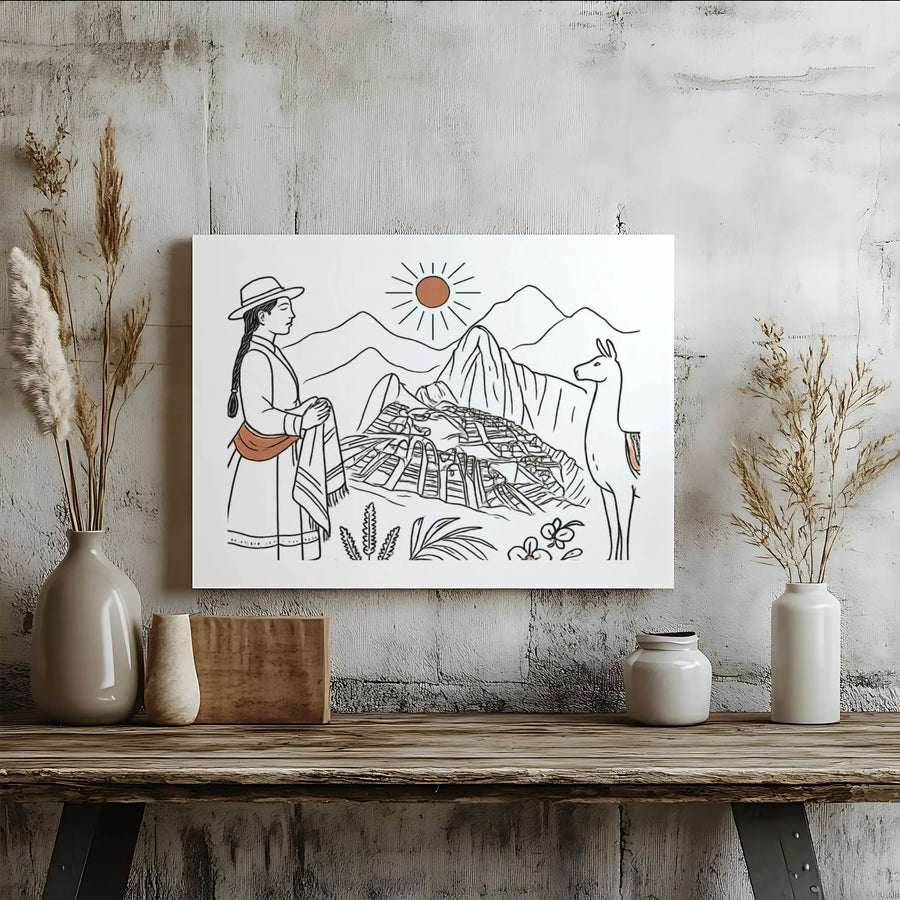 Machu Picchu Canvas Wall Art | Peruvian Llama Minimalist Line Drawing | Premium Gallery-Wrapped Print | Travel Lover Home Decor Gift