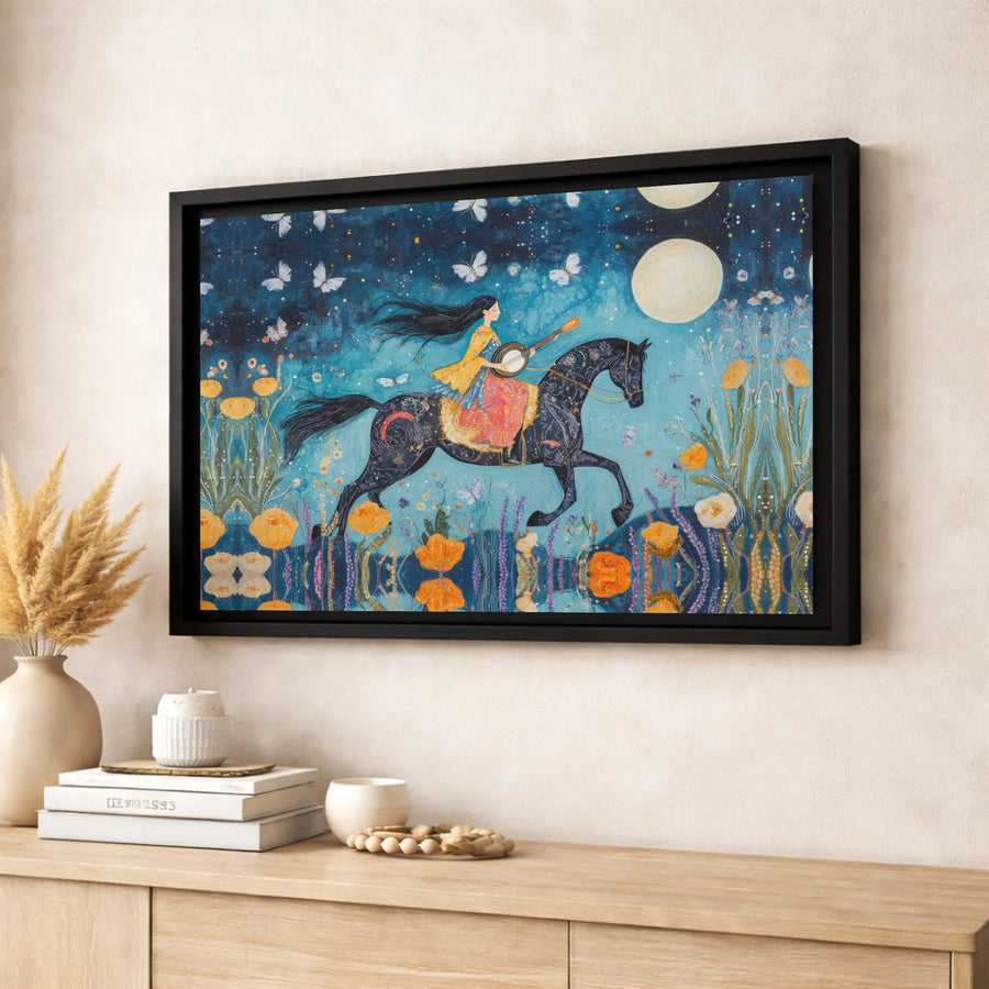 Whimsical Horse Canvas Wall Art | Girl Playing Banjo Night Illustration | Premium Gallery Wrapped Decor | Fantasy Music Gift For Her