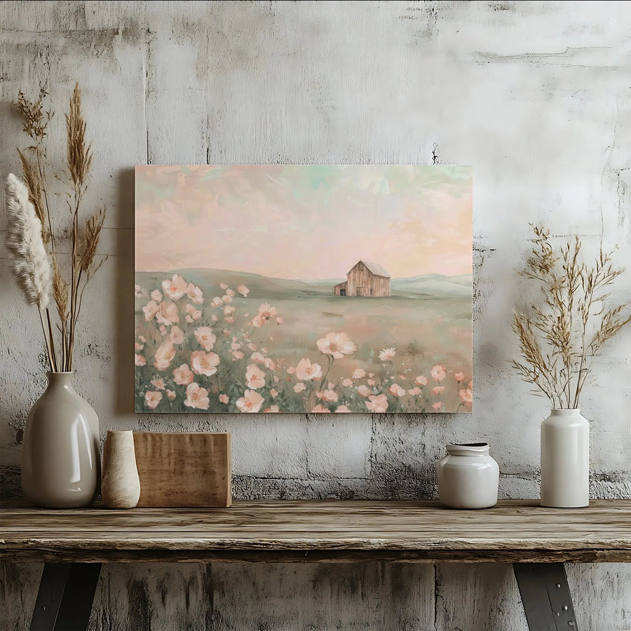 Pastel Barn Canvas Wall Art | Wildflower Meadow Landscape Painting | Premium Gallery Wrapped Decor | Soft Aesthetic Home Gift