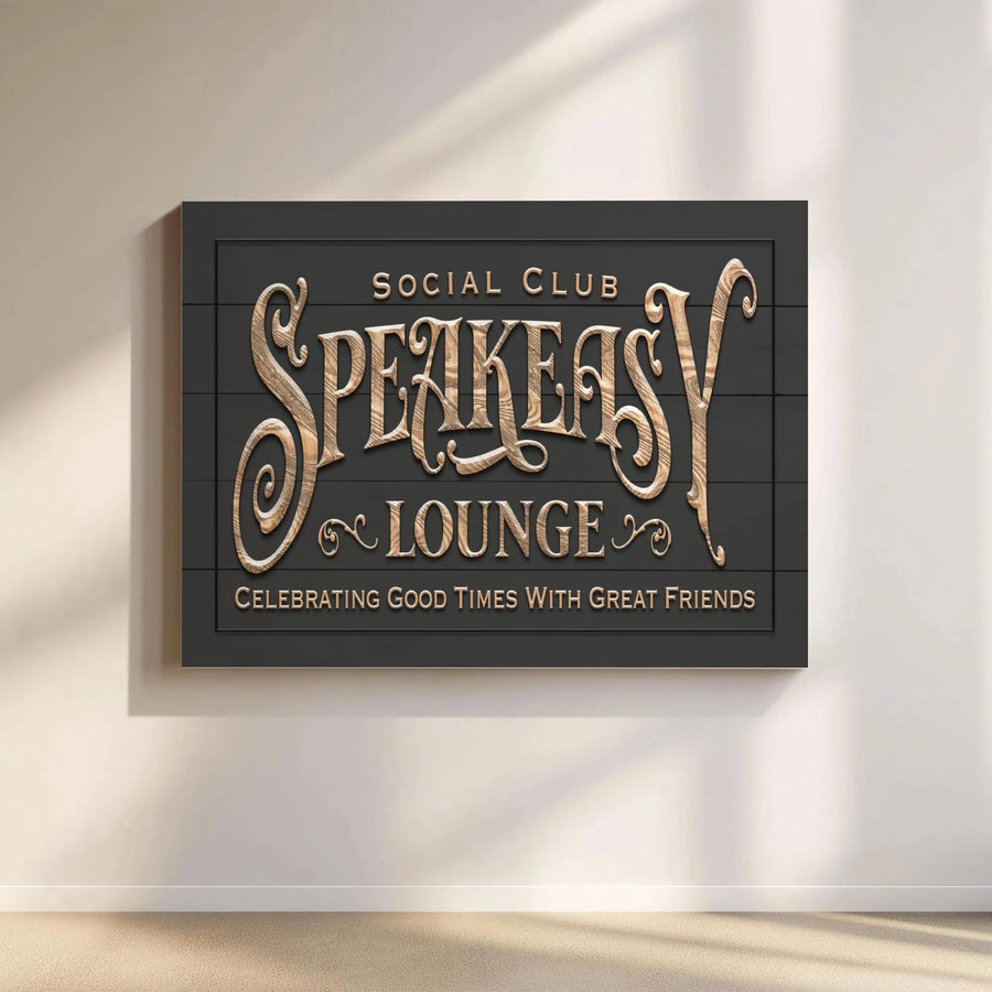 Speakeasy Lounge Canvas Wall Art | Vintage Social Club Sign with 3D Wood Effect Print | Premium Gallery Wrapped Canvas | Home Bar or Man Cave Decor Gift
