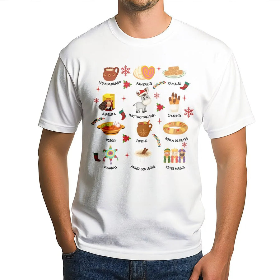 Mexican Christmas T-Shirt | Feliz Navidad Festive Food & Traditions Design | Premium Soft Cotton | Unisex Holiday Gift for Latina Family