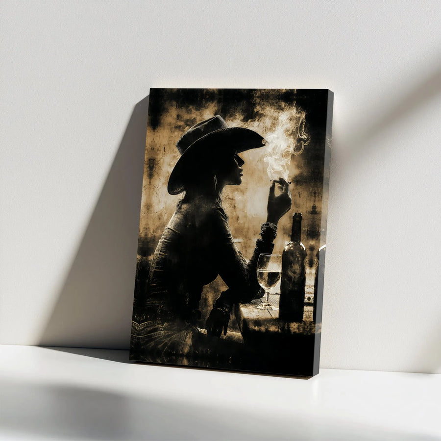 Western Cowgirl Canvas Print | Rustic Smoking Woman Silhouette | Premium Framed Wall Art | Western Aesthetic Home Decor Gift