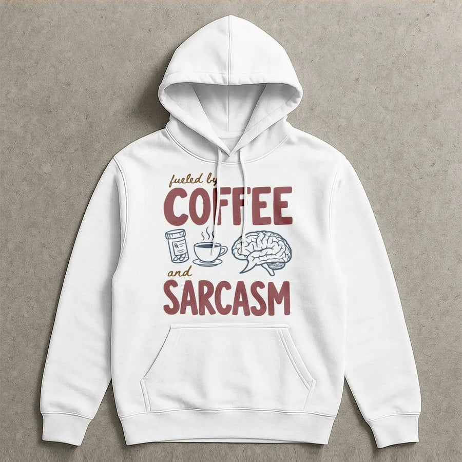 Fueled by Coffee and Sarcasm Hoodie | Funny Medical Humor Graphic | Premium Cotton Blend | Gift for Registered Nurse, Doctor, Medical Student