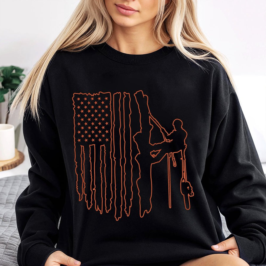 Arborist Tree Climber Sweatshirt | Patriotic American Flag Silhouette Graphic | Premium Cotton-Poly Blend | Professional Logger Gift for Him