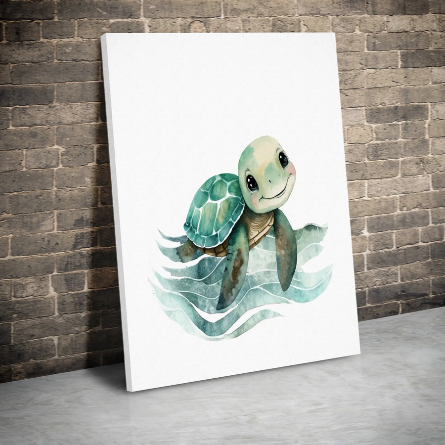 Cute Sea Turtle Wall Art | Watercolor Ocean Animal Illustration | Gallery Quality Stretched Canvas | Nursery Decor or Ocean Lover Gift