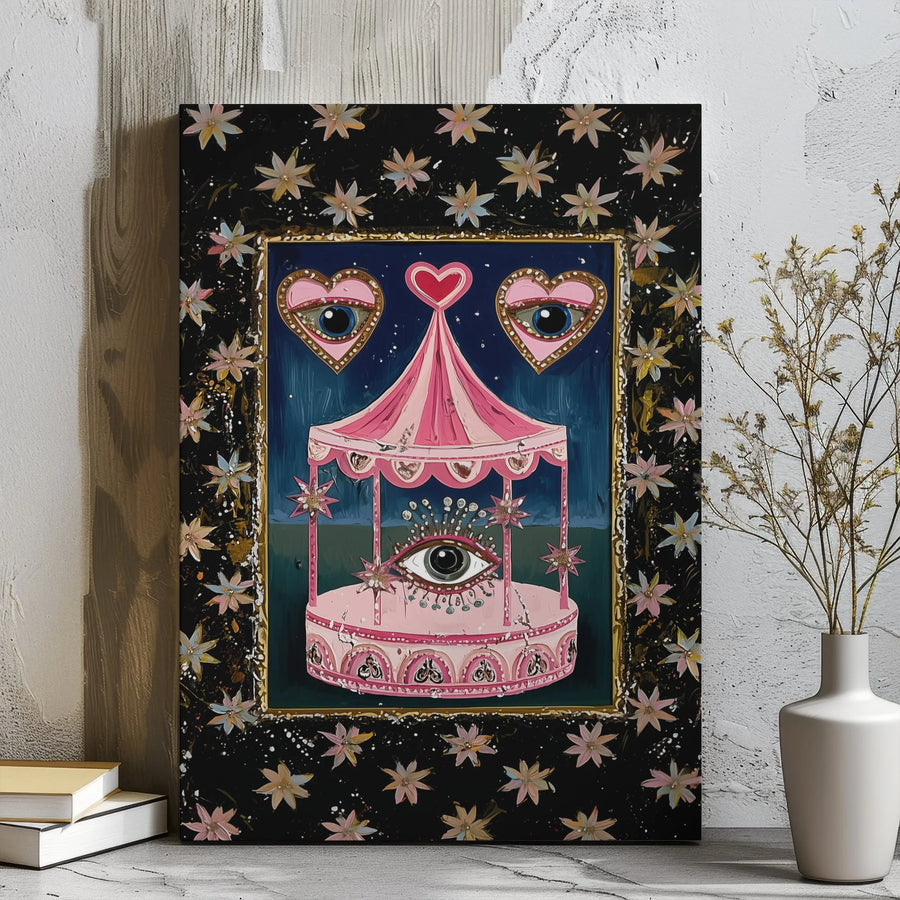 Surrealist Carousel Canvas Wall Art | Pink Gothic Whimsical Aesthetic | Gallery Wrap Premium Print | Unique Home Decor Gift for Eccentric Art Lovers