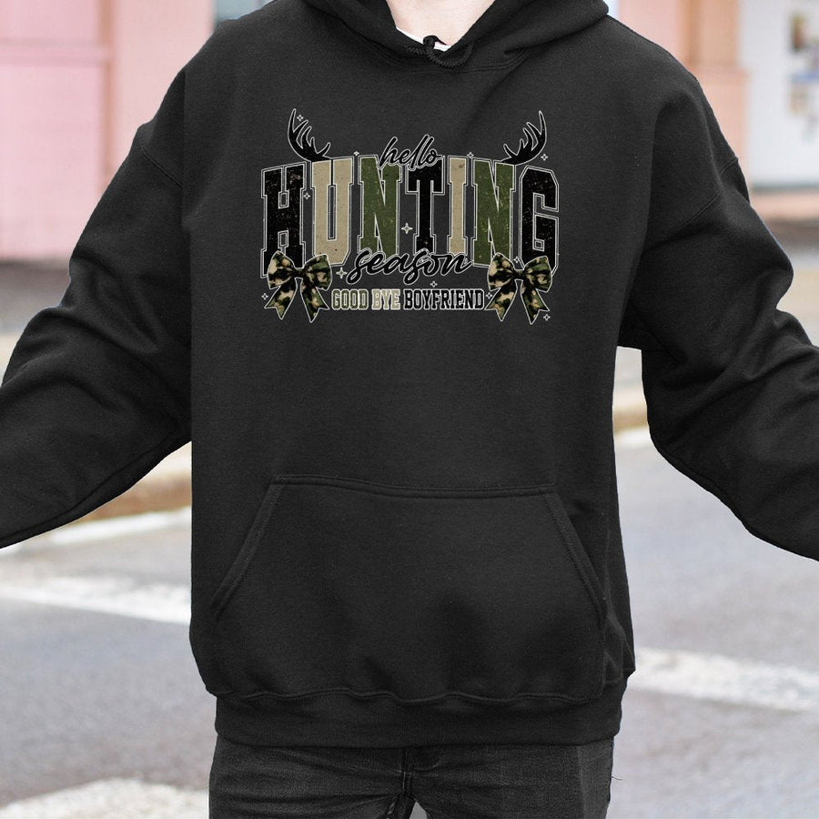 Hello Hunting Season Goodbye Boyfriend Hoodie | Coquette Camo Bow Aesthetic | Soft Cotton-Poly Blend | Cute Hunting Gift for Her