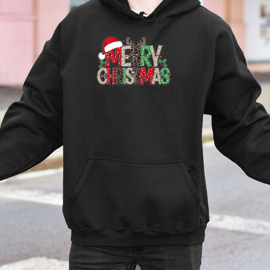 Merry Christmas Hoodie | Leopard Print Reindeer Antler Design | Soft Cotton Blend | Festive Holiday Gift for Women and Men