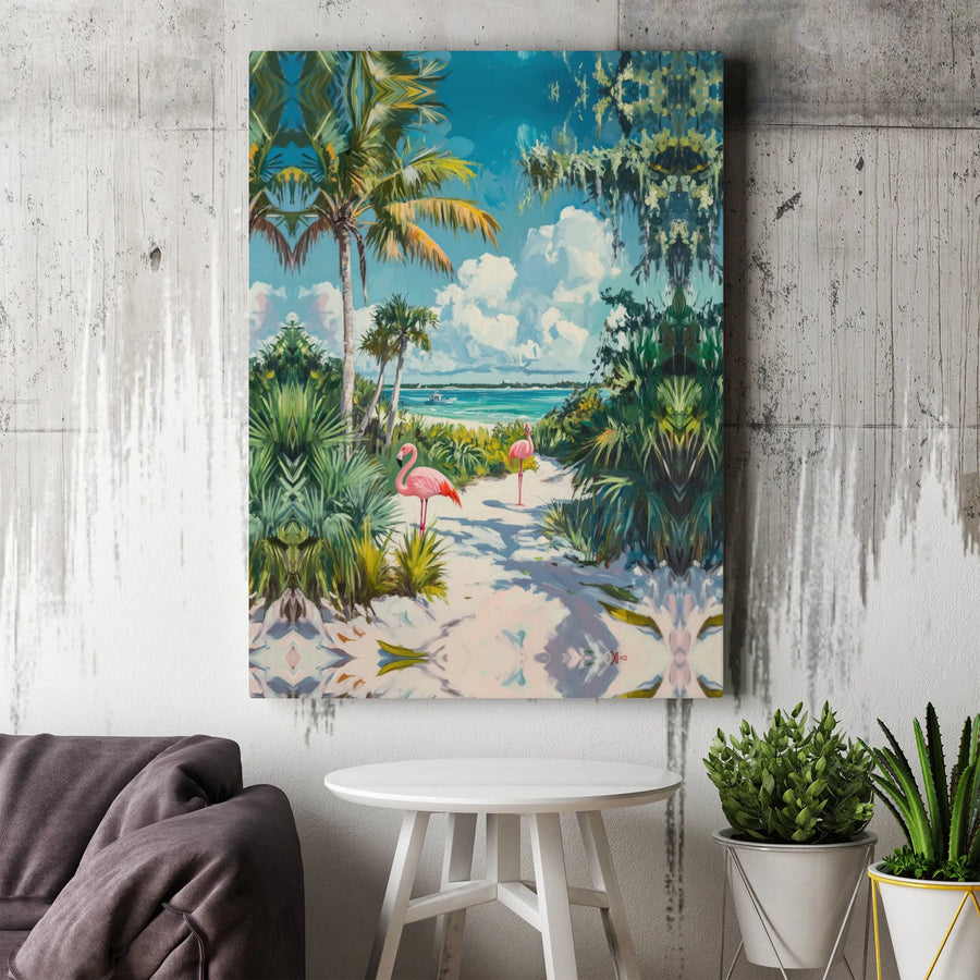 Tropical Flamingo Canvas Wall Art | Vibrant Coastal Painting Print | Thick Gallery Wrapped Canvas | Beach House & Living Room Decor Gift