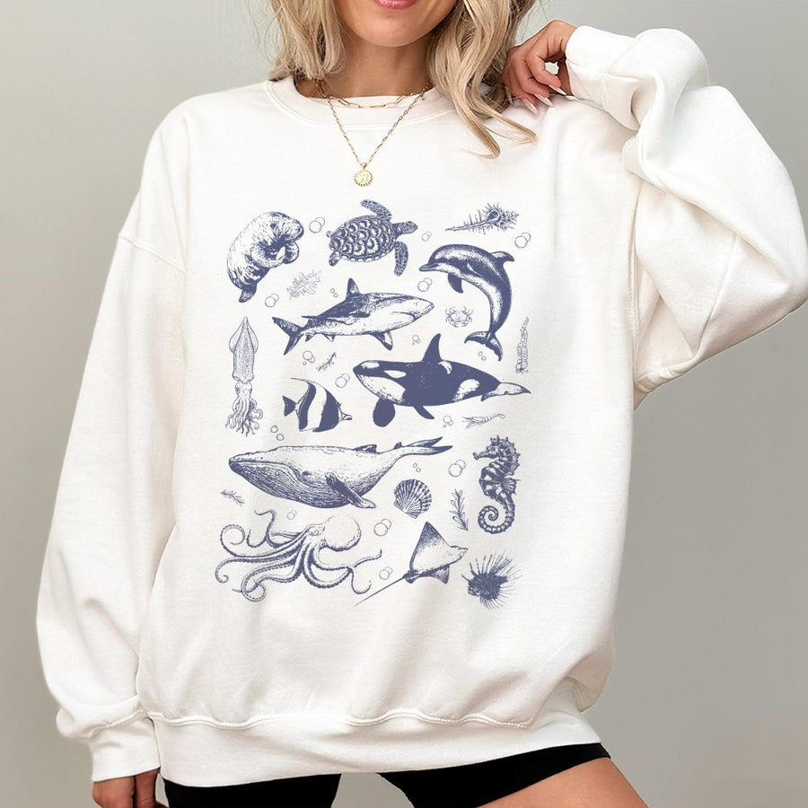 Sea Life Graphic Sweatshirt | Vintage Marine Biology Illustration | Premium Cotton Blend | Nature Lover Gift for Men and Women