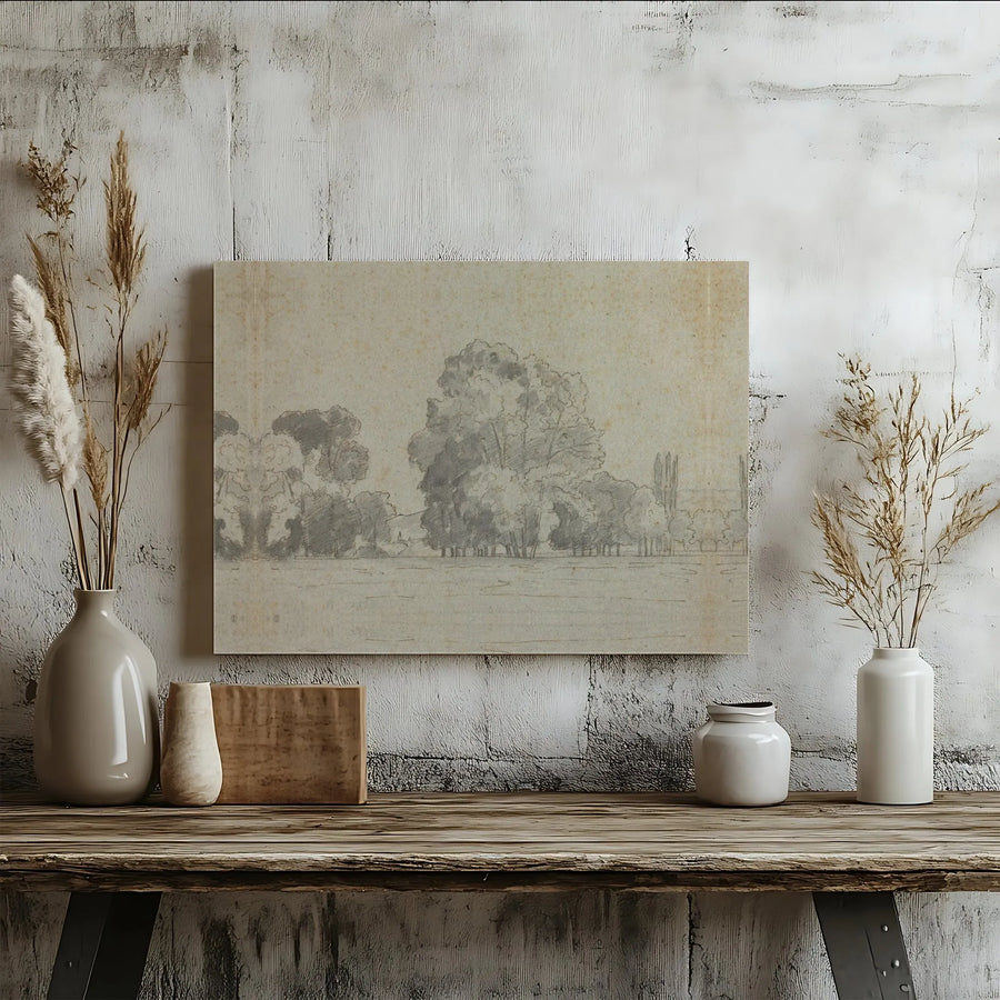 Vintage Landscape Tree Sketch Canvas | Antique Style Pencil Drawing Wall Art | Premium Gallery Wrapped Frame | Sophisticated Office Decor Gift