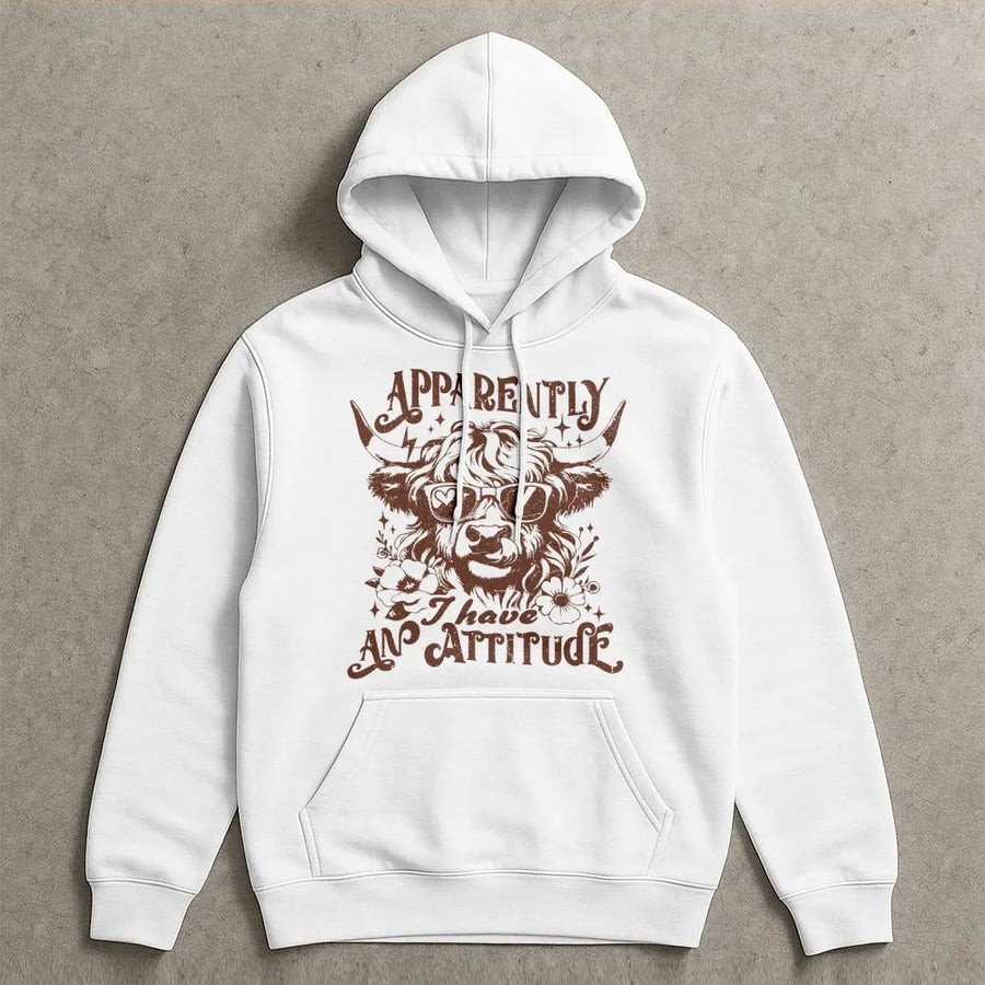 Highland Cow Hoodie | Apparently I Have An Attitude Graphic | Premium Cotton Blend | Funny Farm Animal Gift For Women