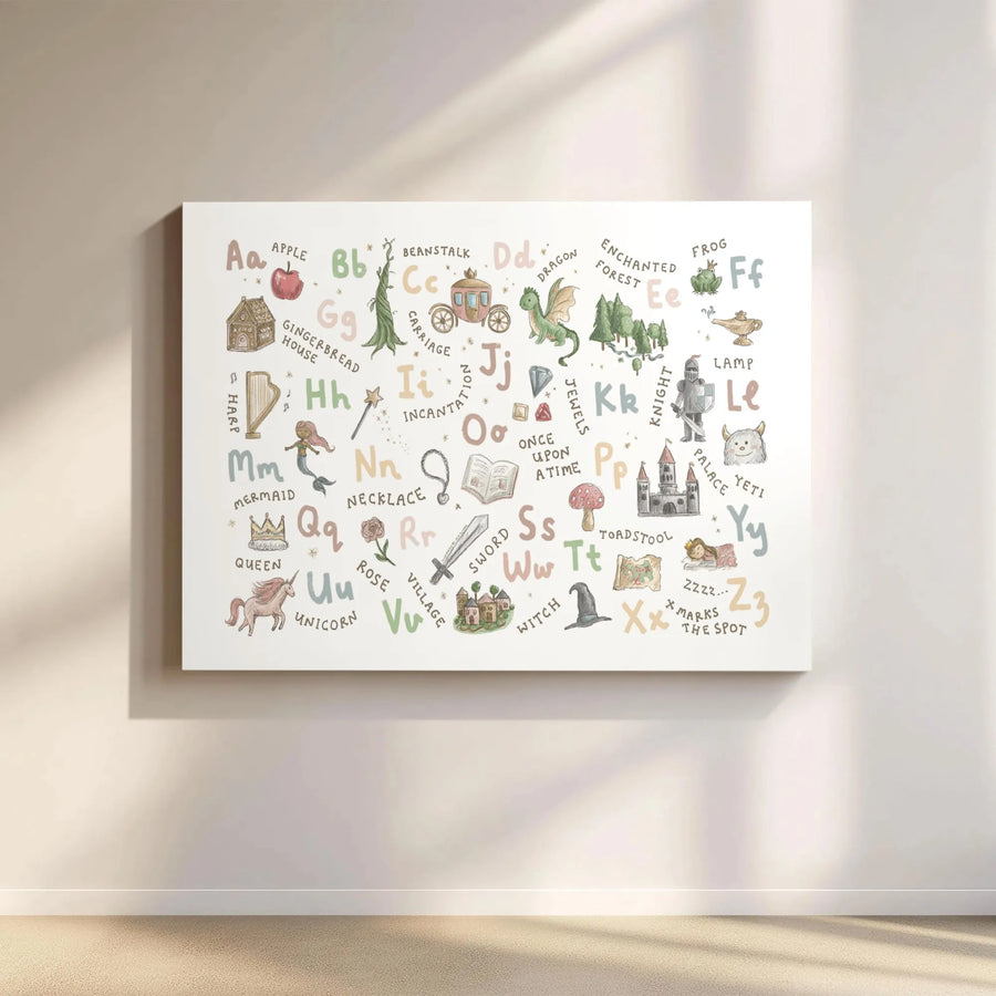 Fairy Tale Alphabet Canvas Art | Watercolor ABC Chart Print | High-Quality Gallery Wrap | Nursery Decor Educational Gift