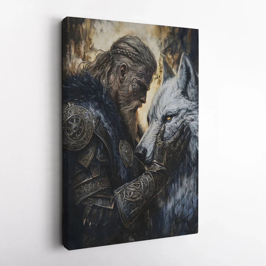 Viking Warrior and White Wolf Canvas | Norse Mythology Wall Art | Premium Gallery Wrapped Print | Gift for History Lovers & Fantasy Fans