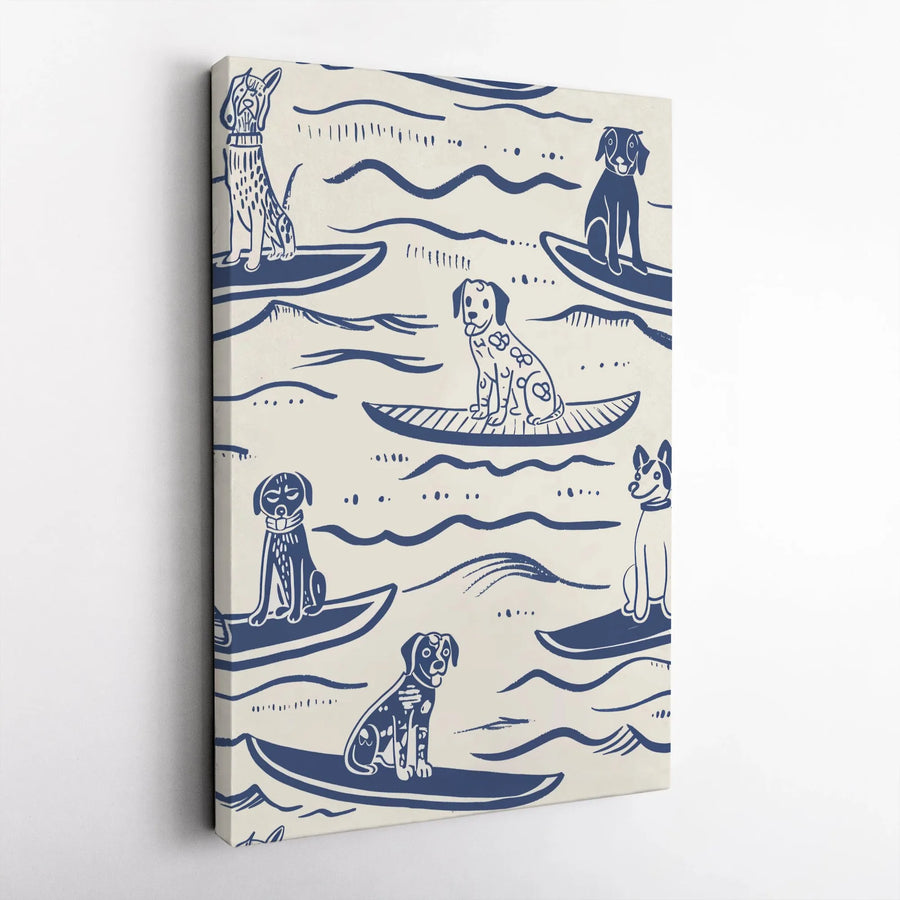 Surfing Dogs Wall Art | Blue and White Linocut Pattern | Premium 1.25-inch Thick Gallery Canvas | Beach House Decor for Dog Lovers