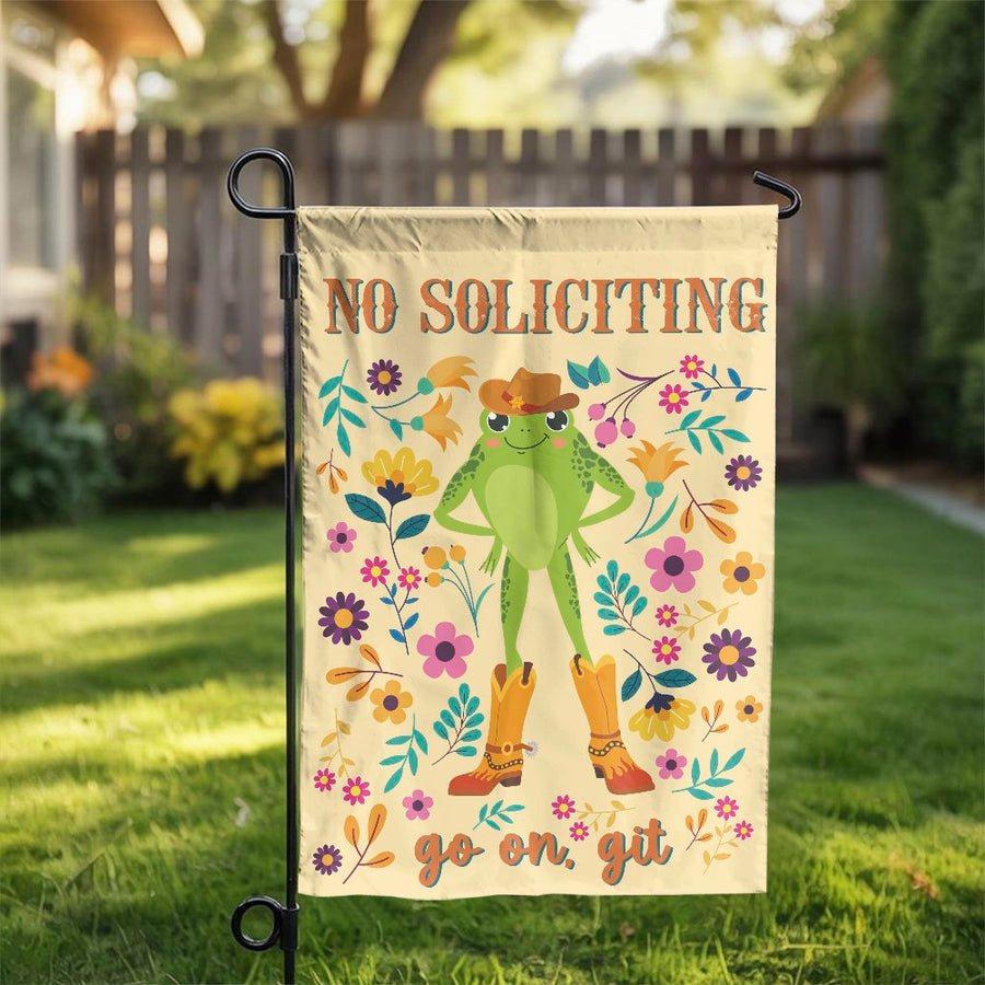 No Soliciting Garden Flag | Funny Cowboy Frog Western Yard Decor | Weather-Resistant Premium Polyester | Cute Outdoor Home Gift
