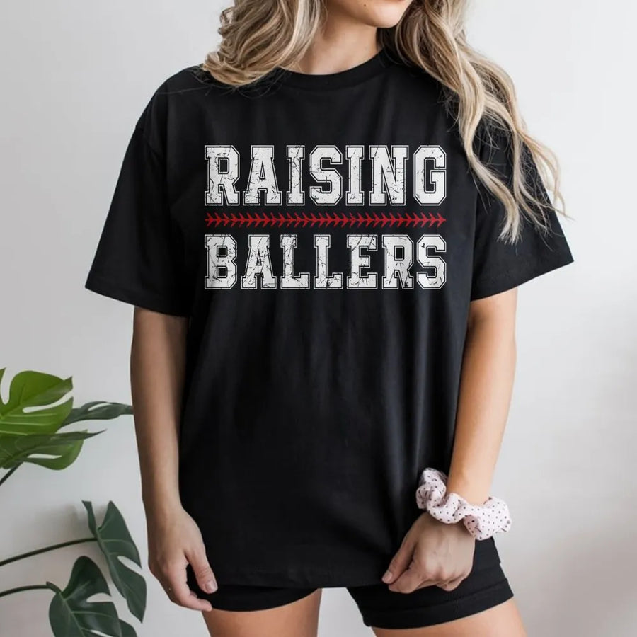 Raising Ballers T-Shirt | Distressed Baseball Stitch Design | Premium Soft Cotton | Baseball Mom Gift for Game Day