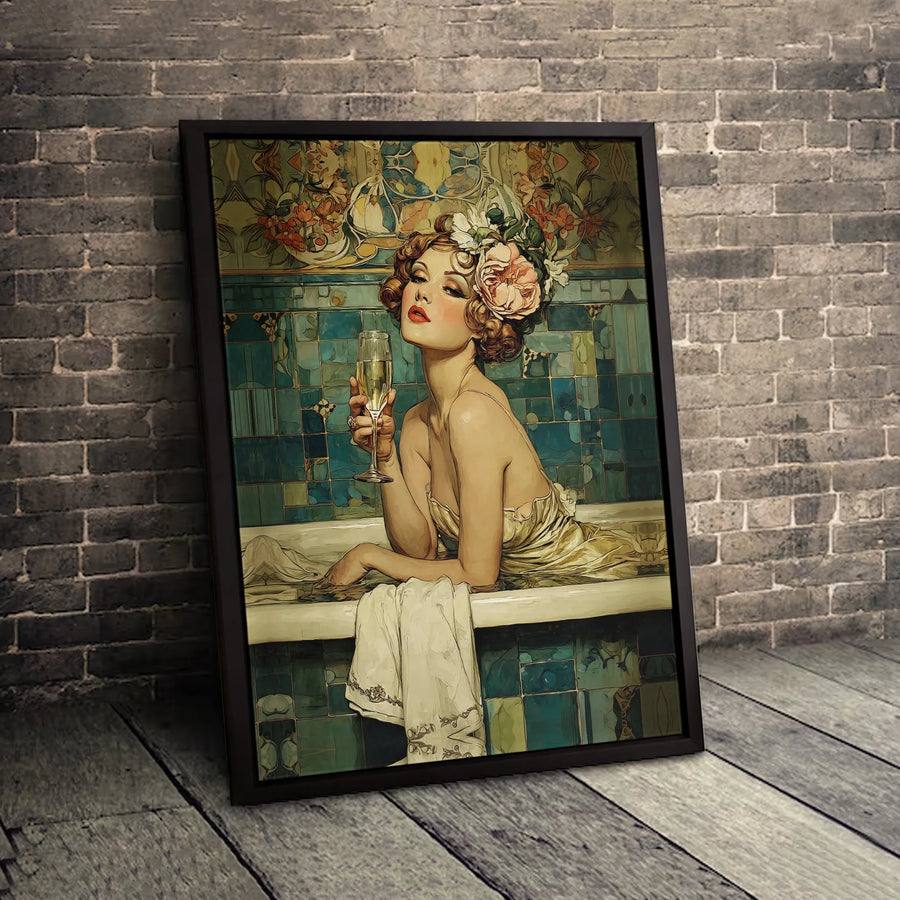 Art Nouveau Canvas Wall Art | Glamorous Woman Bathing with Champagne | Premium Fade-Resistant Print | Elegant Vintage Home Decor Gift