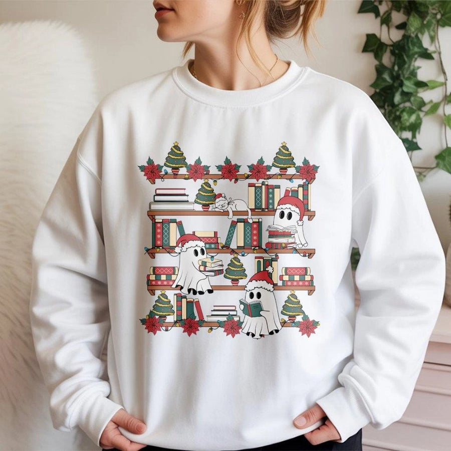 Christmas Ghost Bookshelf Sweatshirt | Cute Festive Reading Graphic | Premium Cotton Blend | Gift For Book Lovers