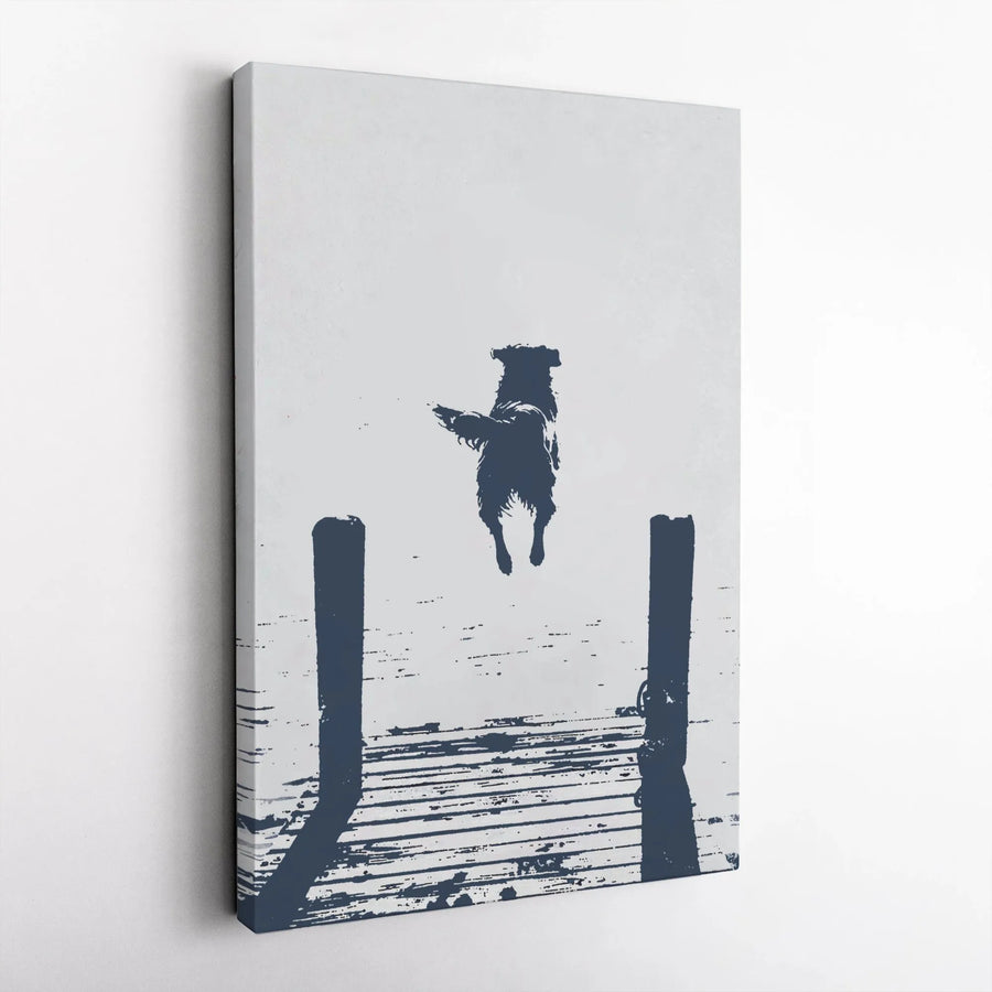 Dog Jumping Off Dock Canvas | Minimalist Silhouette Wall Art | Premium 1.25-Inch Gallery Wrap | Coastal Decor Gift for Dog Lovers