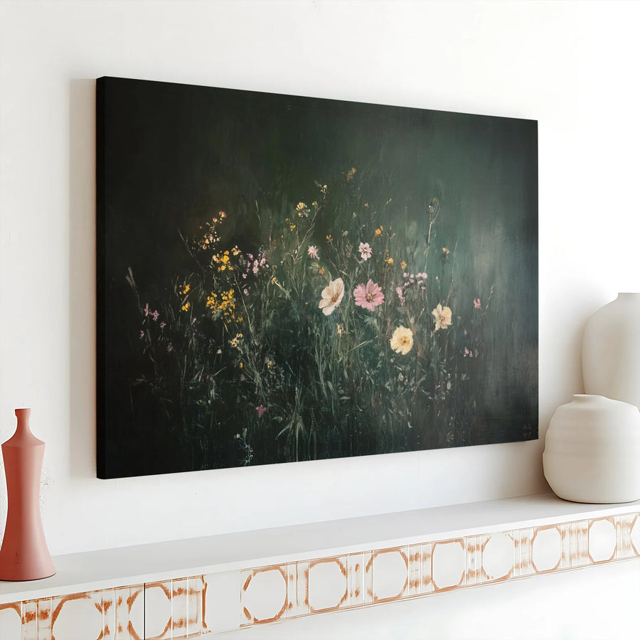 Moody Wildflower Meadow Canvas Print | Dark Botanical Wall Art | 1.25-Inch Gallery Wrap | Atmospheric Floral Decor for Modern Home