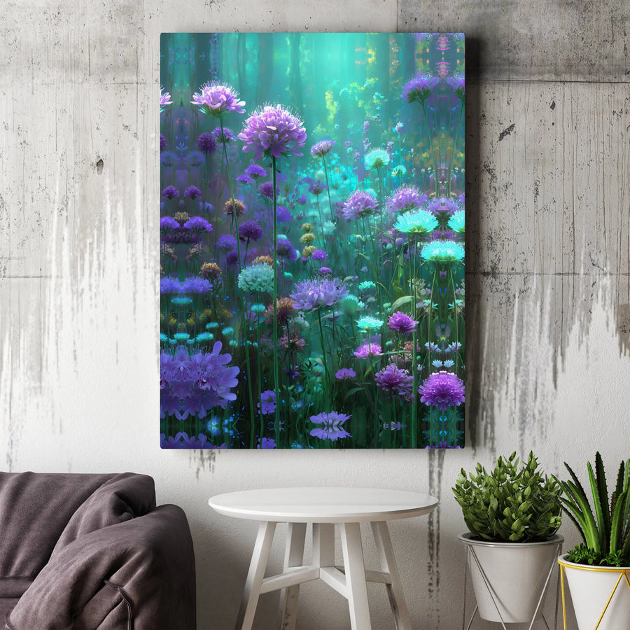 Enchanted Forest Canvas Wall Art | Purple Teal Wildflower Meadow Print | Premium 1.25" Gallery Wrap | Dreamy Botanical Decor for Living Room