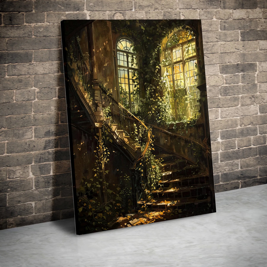 Abandoned Mansion Staircase Canvas Art | Overgrown Ivy Architecture Print | Premium Gallery-Wrapped Wall Decor | Gothic Home Aesthetic Gift