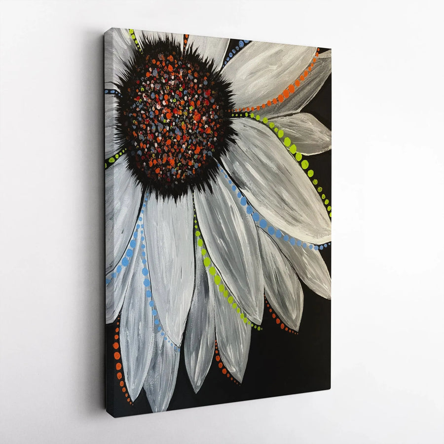 Abstract Sunflower Canvas Wall Art | Monochrome Floral Print with Colorful Accents | Gallery Wrap Premium Print | Modern Home Decor Gift