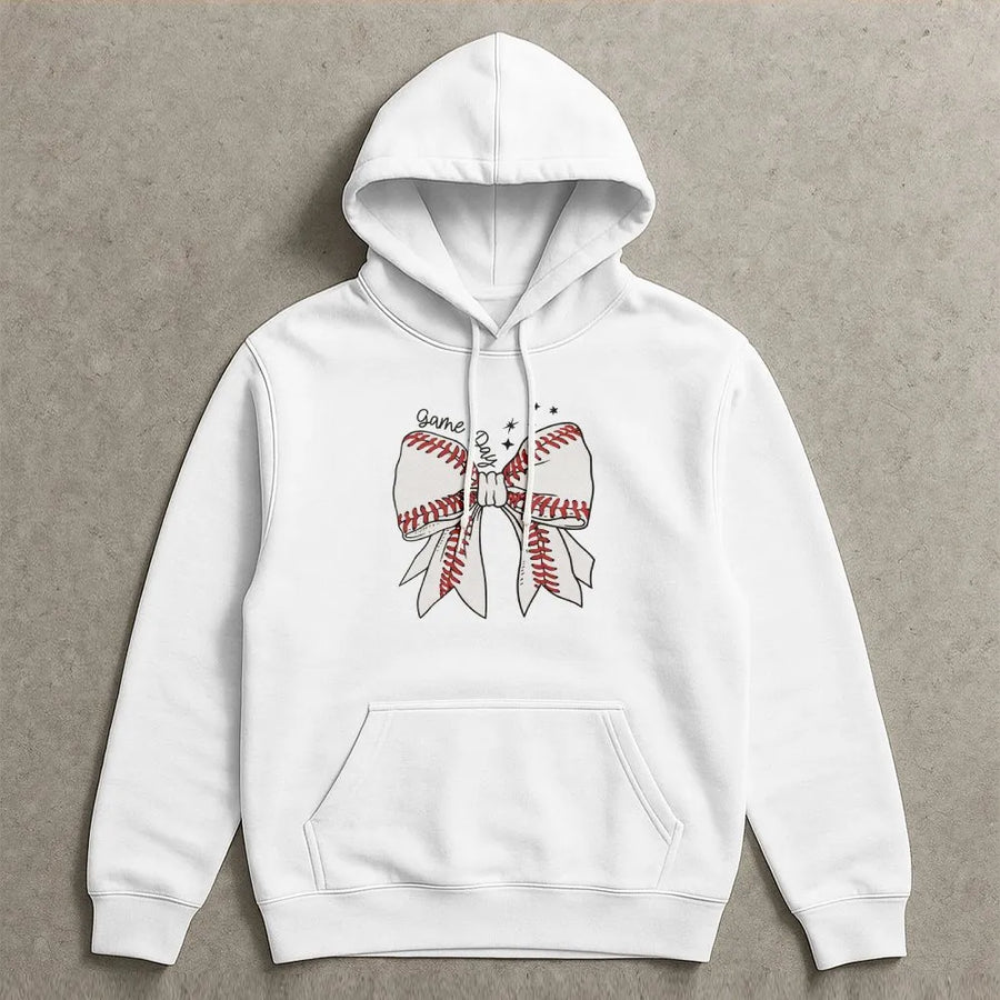 Baseball Bow Hoodie | Cute Game Day Graphic Pullover | Soft Cotton-Poly Blend | Premium Gift for Baseball Mom and Sports Fan