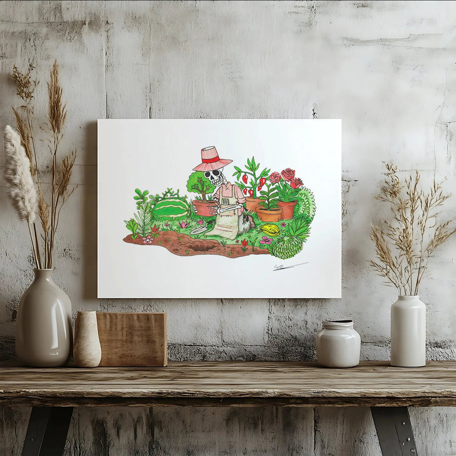 Gardening Skeleton Wall Art | Whimsical Plant Lover Illustration | Premium Gallery Wrapped Canvas | Unique Gift For Gardeners And Botanists