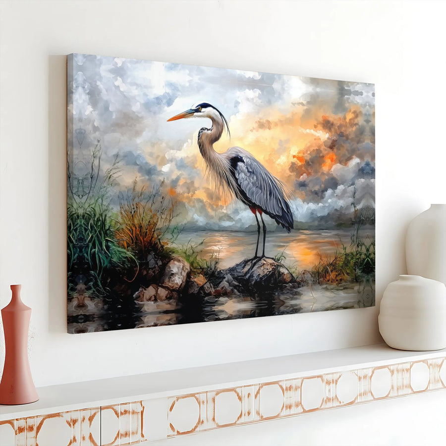 Great Blue Heron Canvas Wall Art | Watercolor Bird Painting at Sunset | Premium Matte Canvas Print | Coastal Home Decor Gift for Bird Watcher