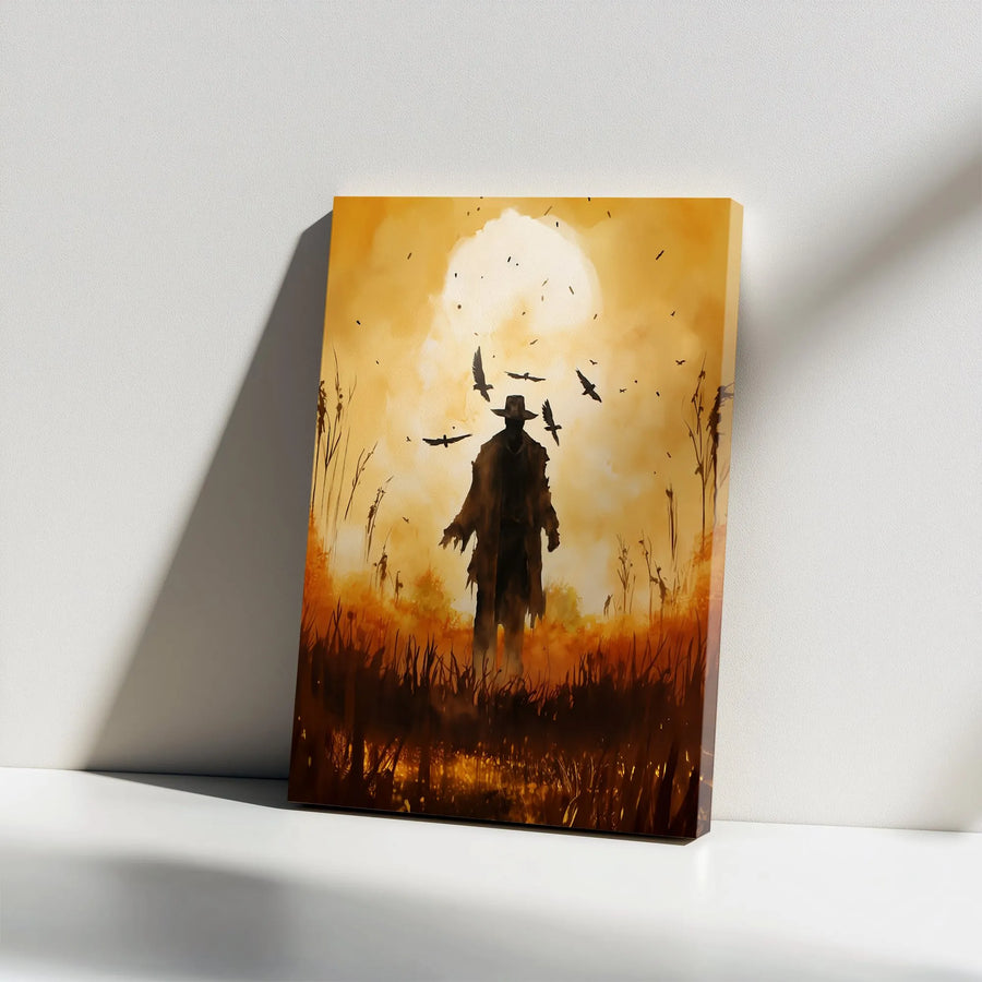 Western Wall Art | Mysterious Scarecrow Silhouette at Sunset | Premium Gallery Wrap Canvas | Gothic Farmhouse Home Decor Gift