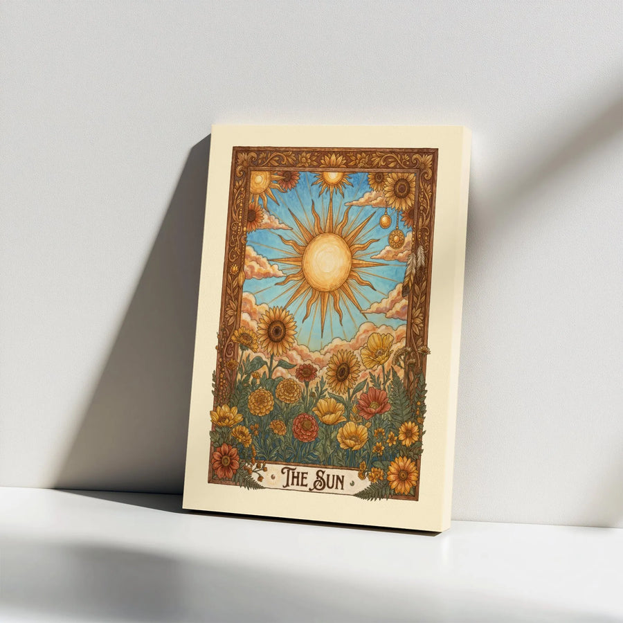 The Sun Tarot Card Canvas Wall Art | Botanical Sunflower Illustration | Gallery Wrap Premium Print | Boho Spiritual Home Decor Gift