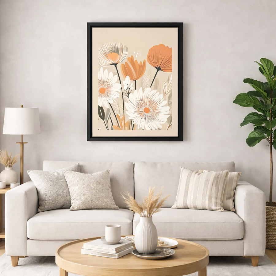 Boho Floral Canvas Wall Art | Minimalist Orange and White Wildflower Print | Premium Fade-Resistant Gallery Wrap | Modern Home Decor Gift