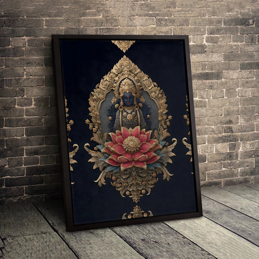 Hindu Goddess Wall Art | Ornate Blue Deity with Red Lotus Flower | Premium Gallery-Wrapped Canvas | Spiritual Home Decor Gift