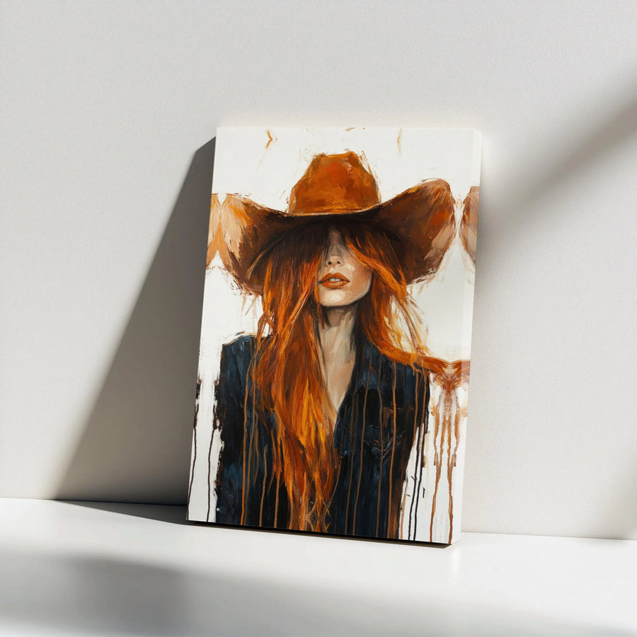 Cowgirl Canvas Wall Art | Abstract Redhead Western Portrait | Premium Gallery Wrapped Print | Rustic Farmhouse Home Decor Gift