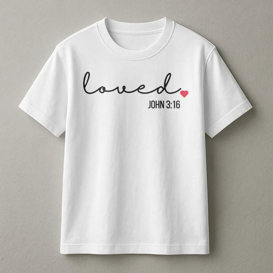 Loved John 3:16 Christian T-Shirt | Minimalist Faith Scripture Graphic | 100% Cotton Premium Tee | Meaningful Religious Gift for Believers