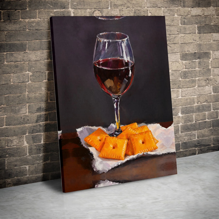 Wine and Crackers Still Life Canvas | Realistic Oil Painting Art | Premium Gallery Wrapped Decor | Kitchen and Bar Wall Art Gift