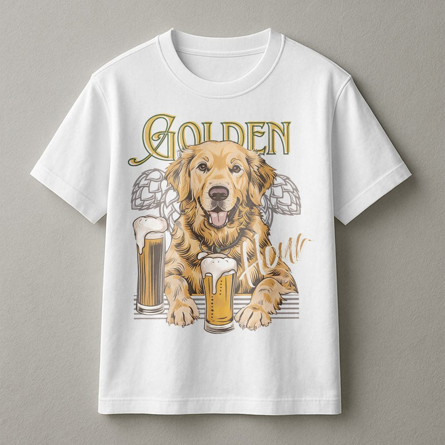Golden Retriever Beer T-Shirt | Funny Golden Hour Graphic Print | Premium Soft Cotton Tee | Gift for Dog Dad and Beer Lovers